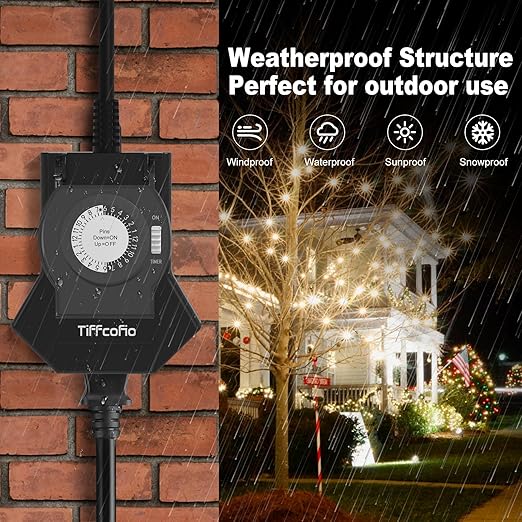 Outdoor Timer Outlet Waterproof, 24 Hour Mechanical Light Timer Outdoor, 2 Grounded Outlets for Home and Garden, 15A 1/2HP, Heavy Duty, ETL Listed (1 Pack) (1 Pack)