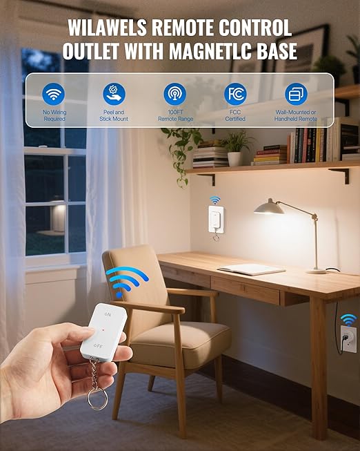 Remote Control Outlet Wireless Wall Mounted Light Switch, Wireless On Off Remote Outlet Switch with Magnetic Base, 100ft RF Range, 15A/1875W, Two Switches for One 0utlet W09RC2106