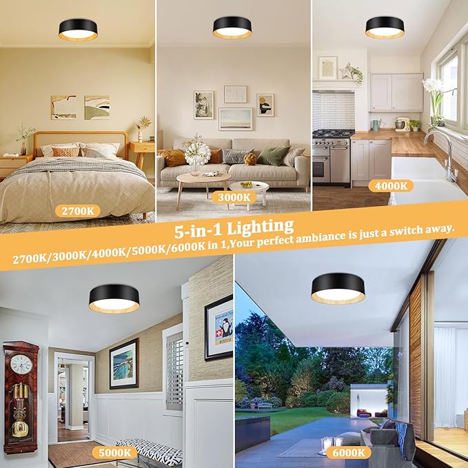 BrightHome 2-Pack Flush Mount Ceiling Light, 13in 2600LM 25W(300W Equiv), LED Ceiling Light Fixture 5CCT 2700K 3000K 4000K 5000K 6000K, Dimmable Ceiling Lamp for Bathroom Hallway, Black and Wood