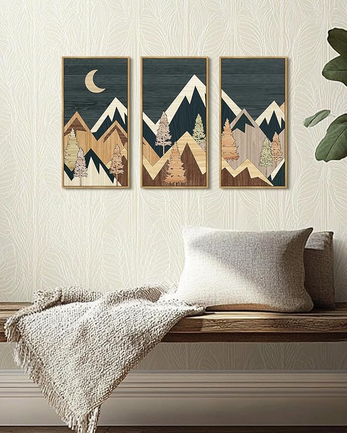KUVIOKE Wooden Mountains Range Landscape Wall Art Framed Tree Nature Wall Decor Moon Rises Prints Bedroom Living Room Ready to Hang 8x16in3pcs Natural Framed