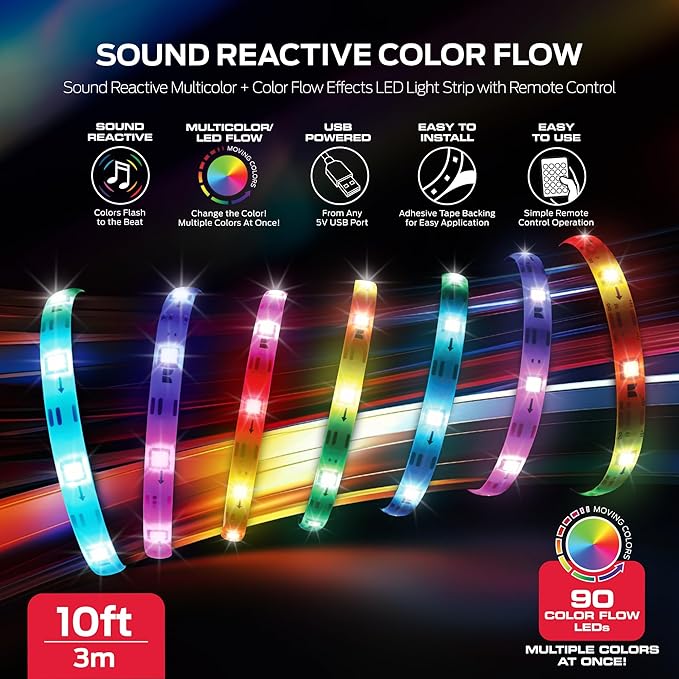 Monster 10ft Sound Reactive LED+IC Strip Lights, RGB Color Changing Music Sync Light Strip with IR Remote Control, Multicolor Ambient Lighting for Bedroom, Gaming Room, TV, Desk & Home Decor