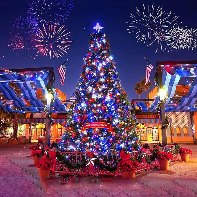 LAMPHOME Patriotic Fairy Lights Plug in, 33Ft 100 LEDs Waterproof Twinkle Firefly Lights, Adaptor Included Starry String Light for Independence Day Patriotic Holidays Decoration (Red, White & Blue)
