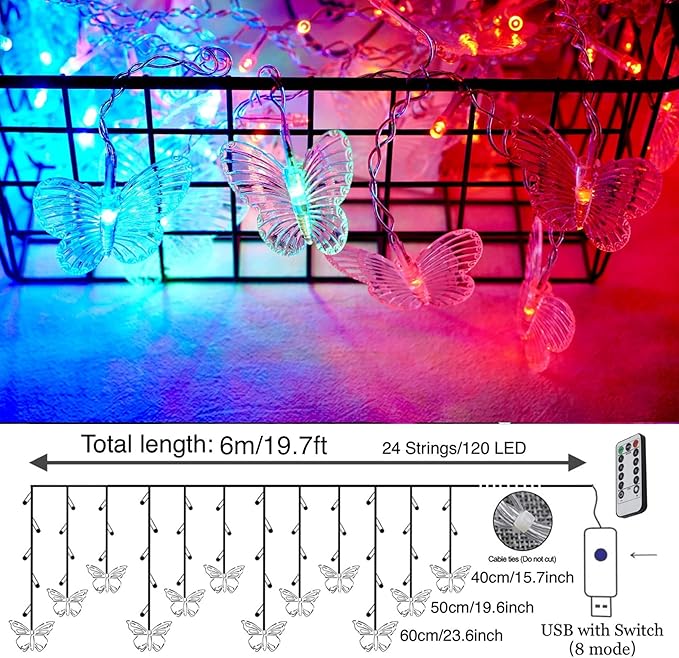 8 Modes 120 LED 19.7FT Firefly Twinkle Timer String Lights with Remote,Butterfly Curtain Fairy Lights USB Plug in, Waterproof Copper Wire for Bedroom Patio Christmas Wedding Party Dorm(Multicolor)