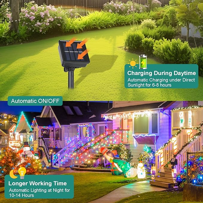 4 Pack Solar Fairy Lights 131.2Ft 400 LED, Twinkle Lights with 8 Modes, Waterproof Silver Wire String Lights for Garden Patio Party Weding Decorations (Multicolor)