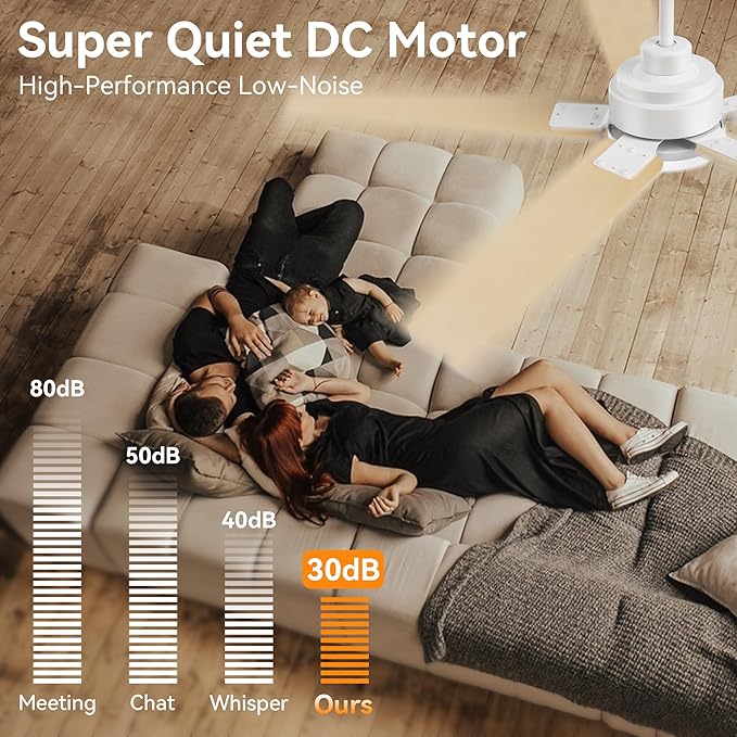 52Inch Smart Ceiling Fan with Lights Remote,APP&Alexa WIFI Controled,Quiet Reversible DC Motor,Dimmable LED,Indoor Outdoor Modern Ceiling Fan,for Living Room Bedroom Patio Porch,White&Light Wood
