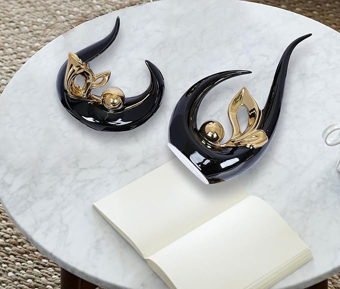 2 PCS Black Gold Home Decor Accent Ceramic Statue Abstract Sculptures Centerpieces Mid Century Modern Decor for Tables Coffee Table top Decorations for Living Room Desktop Shelf Dining Room Kitchen