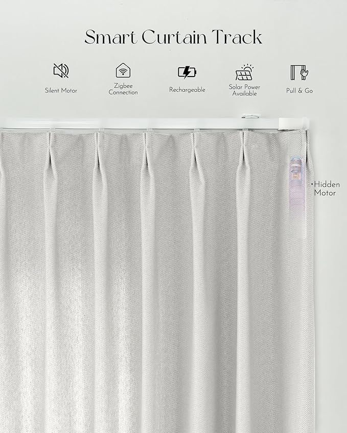Graywind Rechargeable Smart Curtains Compatible with Alexa Google Remote Control Automatic Drapes for Sliding Door Room One-Way or Split Draw Joinable Curtain Custom Width Up to 220"(Pure White)