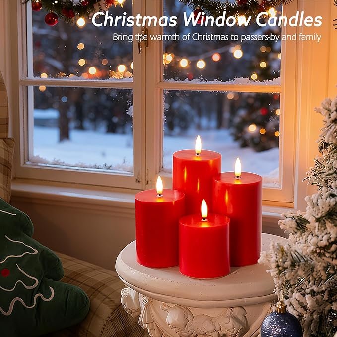 Red Flameless Pillar Candles with Remote Set of 4, Battery Operated Real Wax LED Candles, Perfect for Christmas Window, Romantic Dinner & Holiday Xmas Decor