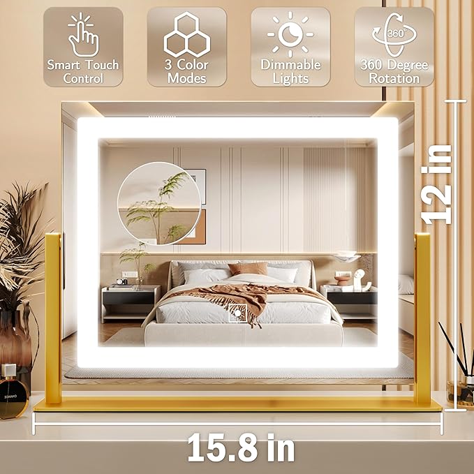 ROLOVE Gold Vanity Mirror with Lights 14x11 Inch, Lighted Makeup Mirror, Smart Touch 3 Colors Dimmable, 10X Magnification, Dresser Mount, Modern Style