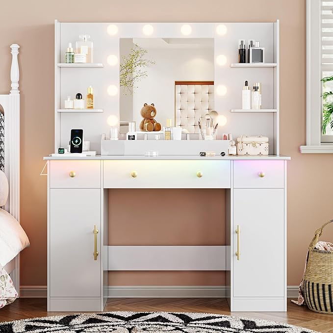 Vanity Desk with Mirror and Lights, 43'' Makeup Dressing Table Set with 5 Drawers & Power Outlet, 3 Lighting Modes Brightness Adjustable, Vanity with RGB Ambient Light for Women Girls Bedroom, White