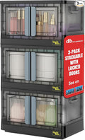 Quik Box - 8.5 Gallon 3-Pack Stackable Storage Bins with Doors & Wheels - Collapsible Organizer for Dorms, Bedroom & Home - Durable Polystyrene - Black