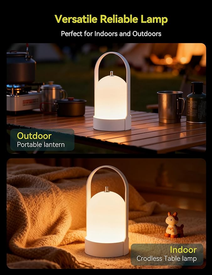 Tubicen Portable LED Lantern Table Lamp Battery Operated Rechargeable Cordless Lamp for Table 4-Level Touch Dimmable Night Light for Camping Bedroom Dining Room Balcony Restaurant