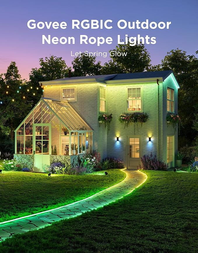 Govee Outdoor Neon Rope Lights, 65.6ft RGBIC IP67 Waterproof Outdoor Decorations with 64 Scene Modes, Music Sync, Flexible LED Lights, Neon Lights Work with Alexa, Google Assistant