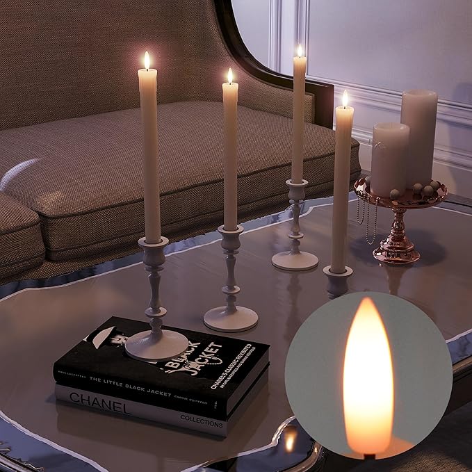 6 Pcs Rechargeable Flameless Taper Candles with Charging Station, Real Wax LED Taper Candles Flickering with Remote&Timer,3D Battery Operated Window Candlesticks for Home Wedding Christmas Decor Ivory