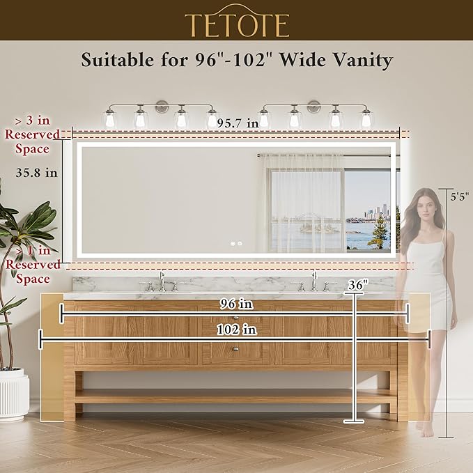 TETOTE 96 x 36 LED Lighted Bathroom Mirror with Lights Wall Mounted, Brighter Front and Backlit Led Vanity Mirror, 3-Color Dimmable Light up Anti Fog Mirror, Waterproof, Shatterproof Tempered Glass