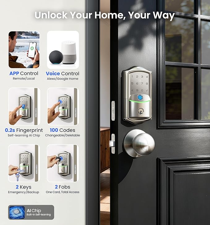 Veise VE027-K Built-in WiFi Smart Lock with 2 Knob, Fingerprint Keyless Entry Door Lock Handle Set for Front Door, App Remote Control, Electronic Digital Keypad Deadbolt, IP65 Waterproof, Satin Nickel