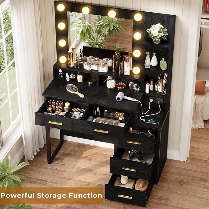 Tiptiper Makeup Vanity with Lights, Black Vanity Desk with Mirror & 3 Lighting Modes, Vanity Table with USB Ports and Outlets, Makeup Table with Nightstand & Storage Shelves & Drawers (Modern Black)
