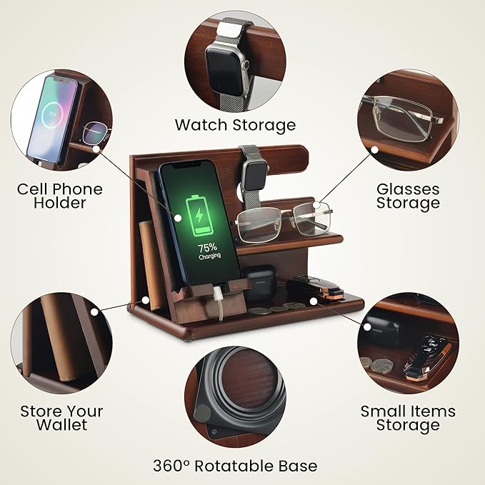 360° Rotating Nightstand Organizer - Wood Phone Docking Station with Rotating Base, Charging Slot, Holds watch, Wallet, Keys, Eyewear - Birthday Gifts for Men & Women, Bedroom or Office Use, Dark Brown