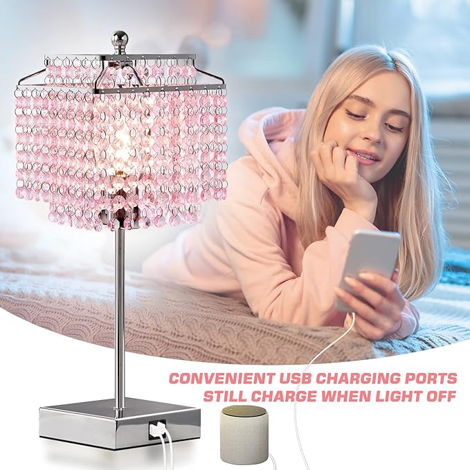 Luvkczc Set of 2 Bedside Pink Crystal Table Lamp, Touch Control Crystal Lamp, Dimmable Lamp for Bedroom, Girl Living Room, 6W B11 Bulb Included
