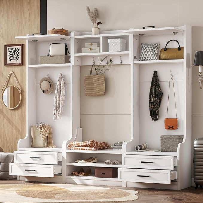 Bellemave Wide Hall Tree with Storage Bench, Wood Coat Rack with 4 Drawers and 7 Hooks, Detachable Mudroom Organizer with Shoes Storage Shelves for Entryway Hallway, White