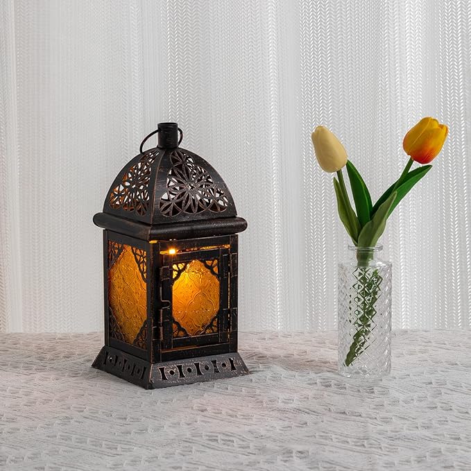 DECORKEY Candle Lanterns Decorative Indoor & Outdoor, 12'' Vintage Moroccan Hanging&Tabletop Lantern, Christmas Halloween Metal Candle Holder for Home Front Porch Patio Decor (Amber)