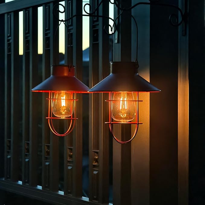 2 Pack Solar Lantern Hanging Waterproof Outdoor Metal Solar Lamp with Wall Hooks Warm White Light Decorate for Yard Garden Pathway Patio Porch Decor(Red)
