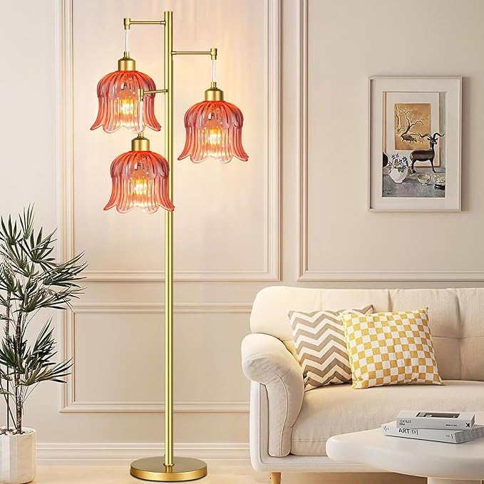 Pink Floor Lamp for Living Room,Bedroom,Gold Mid Century Modern Standing Lamp Brass Tree 3 Light Tall Floor Lamps Floor Lights Glass Flower Lamp Shade Girls Kids Boho Bohemian