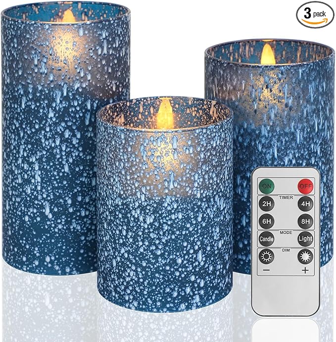 Blue Flameless Candles with Remote, Battery Operated Pillar Candles Set of 3, Flickering Real Wax LED Candles with Timer for Home Decor, Bedroom, Bathroom, Wedding Table Centerpiece