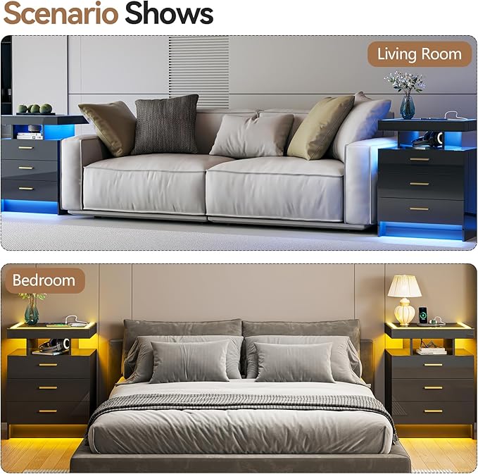 Black Night Stand Set 2 with Wireless Charging Station,Smart Bedside Table with 3 Drawers,Modern Glass Top End Side Table with 3 Color Dimmable,LED Nightstand for Bedroom