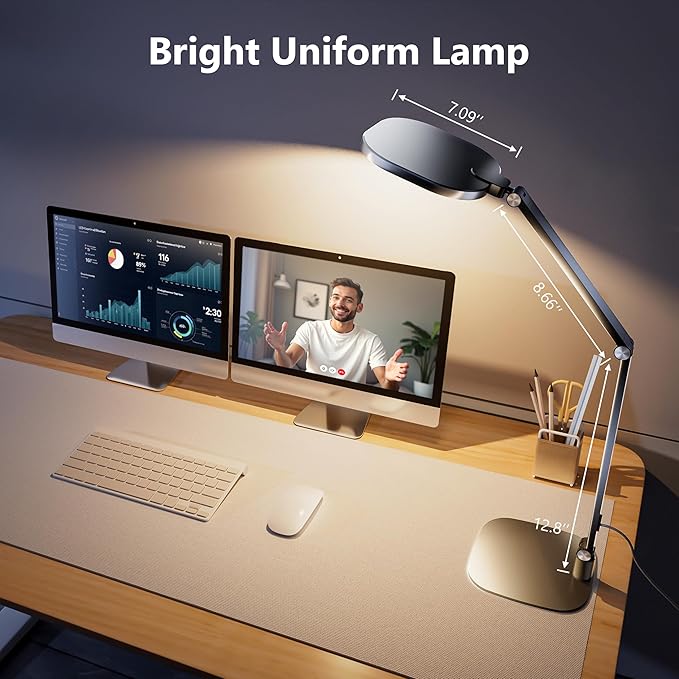 LED Desk Lamp for Home Office, 15W Computer Zoom Lighting with CRI >95, Memory & Timer Function, 1200LM Dimmable Desktop Ring Light for Video Calls, Conference, Reading, Streaming, Study