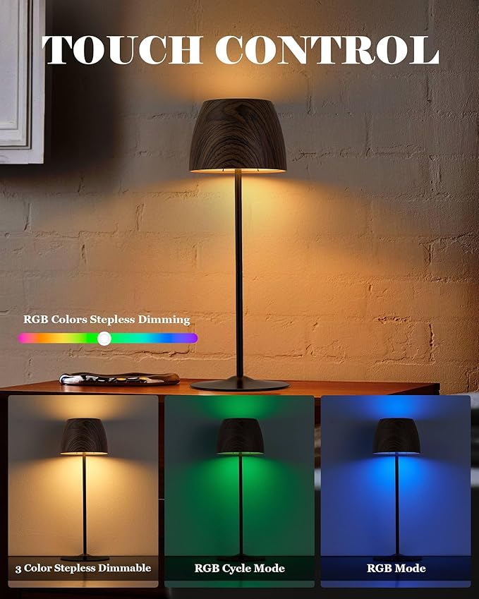 ELYONA 2 Pack Cordless Table Lamp, LED Walnut Wooden Desk Lamps RGB & 3 Color Stepless Dimming Waterproof Rechargeable 4000mAh Battery Operated for Restaurant Bedroom Outdoor Office Night Light Black