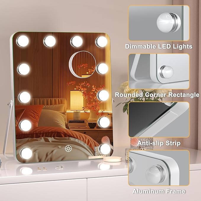 Hasipu Vanity Mirror with Lights, Hollywood 10" x 14" LED Makeup Mirror, 3 Modes Light, Smart Touch Control Dimmable, 360°Rotation, Rounded Rectangle White Frame