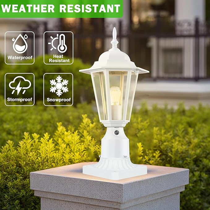 Dusk to Dawn Outdoor Post Light, Pole Lantern, Waterproof Die-Cast Aluminum Pole Light Fixture with Glass, Exterior Post Lamp for Garden Yard Patio Pathway, Matte White, 1-Pack