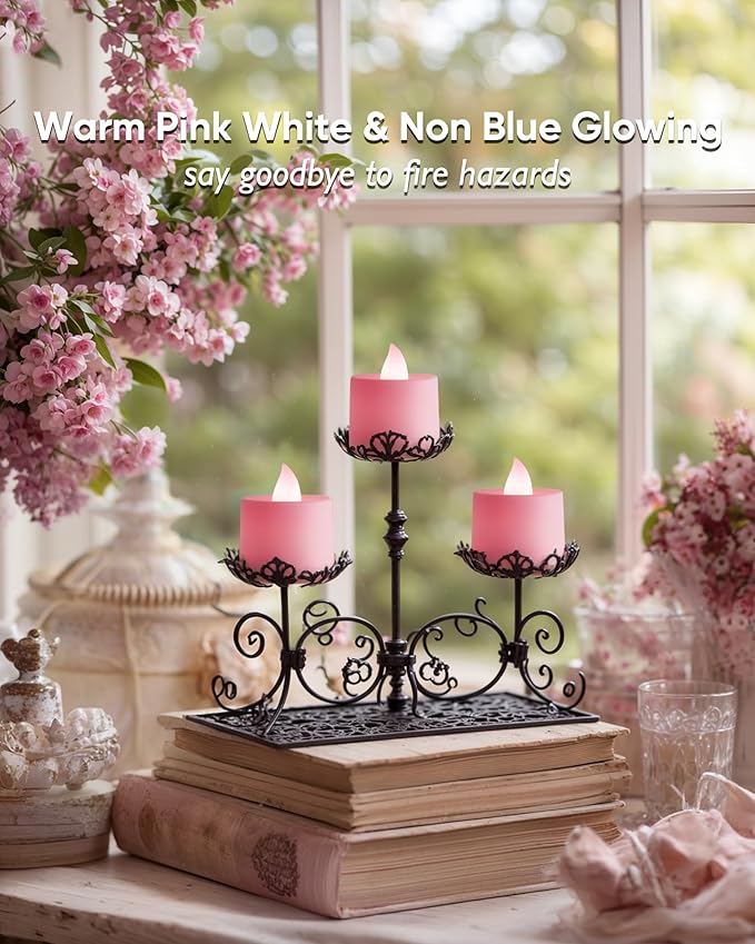 Amagic 24 Pack Pink LED Tea Lights, Flameless Votive Candles, Electric Fake Colored Candles, Battery Operated Tealights Candles for Party, Christmas, Aniversary, Wedding Table Centerpiece, Proposal