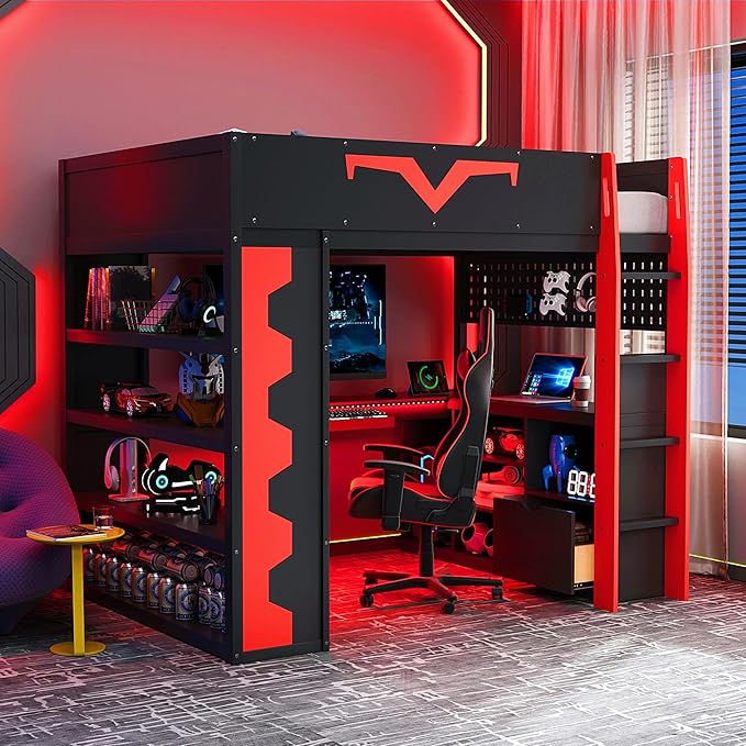 Full Size Gaming Loft Bed with Integrated Desk & RGB LED Lights,Bunk Bed with Power Outlet, Large Bookshelf, Pegboard, Keyboard Tray & Drawer (Red-Bo, Full)