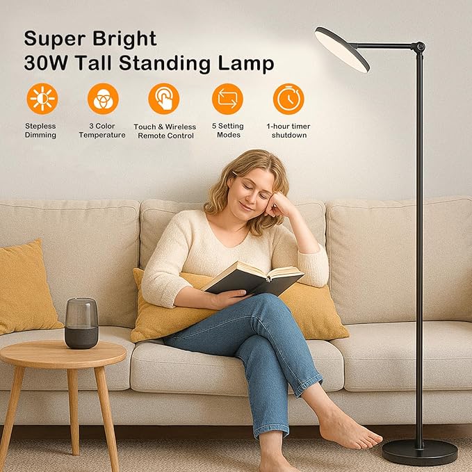 Floor Lamps for Living Room, 30W Super Bright LED Standing Lamp, Stepless Dimmable Tall Torchiere Lamp with Remote & Touch Control, Modern Floor Lamp for Bedroom & Office -Black