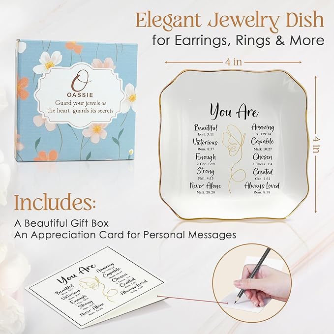 OASSIE Christian Gifts for Women Faith - You Are 4"x4" Ceramic Jewelry Dish Tray - Appreciation Inspirational Catholic Birthday Gifts for Women Friends, Wife Present Ideas, Trinket Dish Jewelry Tray