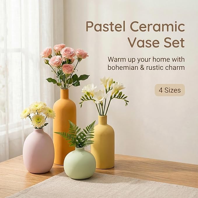 Macaron Ceramic Vase Set of 4, Modern Colors Home Decor, Rustic Farmhouse Decorative Flowers Vases for Bouquet, Pampas | Table Mantel Centerpiece Bookshelf Living Room Bedroom (Rustic Mix Set of 4)