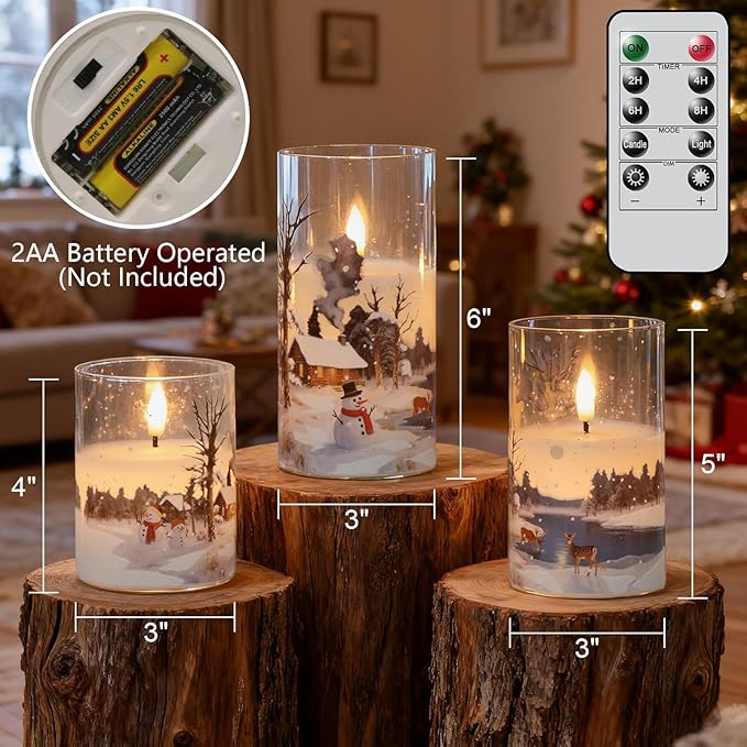 Wondise Chrismtas Snowman Glass Flameless Candles with Remote Timer, Battery Operated Real Wax 3D Wick LED Flickering Pillar Candles for Christmas Decoration Thanksgiving Holiday Gift