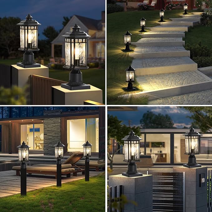 DASTOR 2 Pack Outdoor Post Lights, Dusk to Dawn Outdoor Lamp Post Light Fixture with Pier Mount Base, Waterproof Aluminum Post Lantern for Garden Patio Pathway