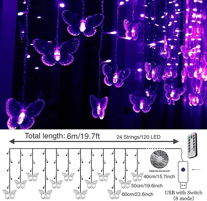 Butterfly Curtain Fairy Lights USB Plug in,8 Modes 120 LED 19.7FT Firefly Twinkle Timer String Lights with Remote, Waterproof Copper Wire for Bedroom Patio Christmas Wedding Party Dorm (Purple)
