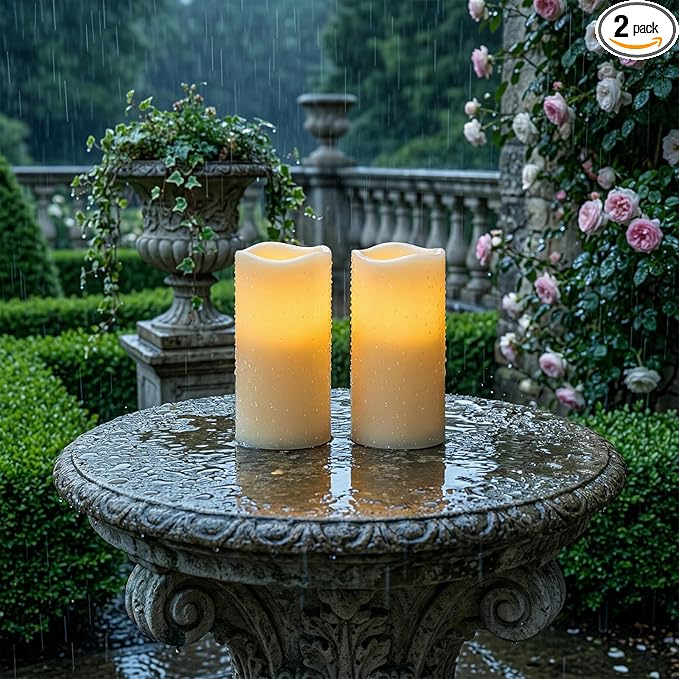 5plots 3" X 6" Outdoor Waterproof Candles, Battery Operated Led Ivory White Flameless Candles with 10-Key Remote & Timer for Indoor Home Lantern Holiday Decor, Set of 2
