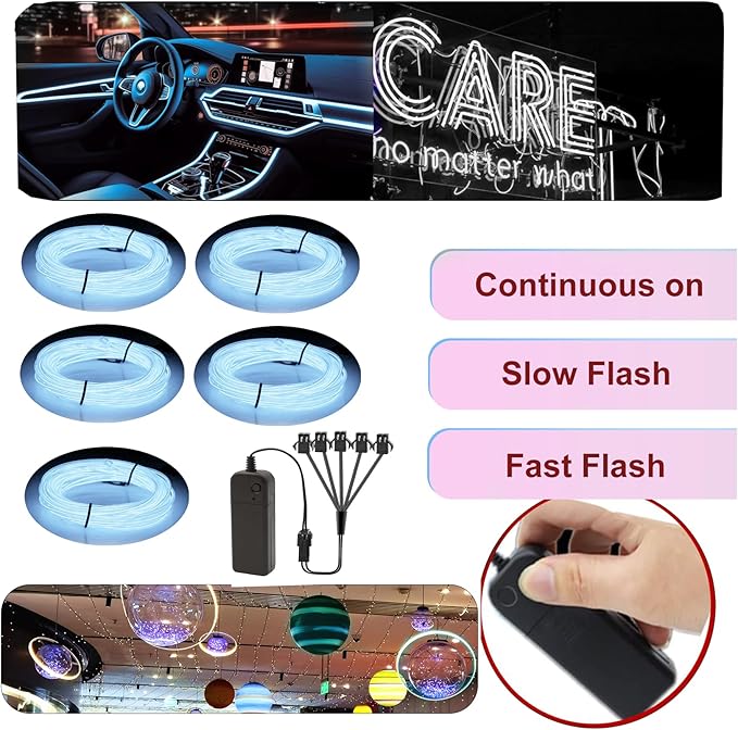 Ourbest EL Wire Lights Battery Powered, Wearable Led Wire Lights 5in1 neon String Light,DIY neon Sign kit Stay/Slow/Fast Flash Party Decoration 1M White