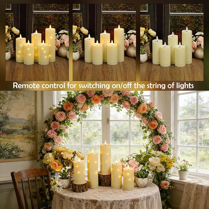 Outdoor Waterproof Flickering Flameless Candles with Timer,5Pcs Battery Operated LED Pillar Candles with Embedded Star String for Outdoor Lanterns,Porch,Patio Decor(Ivory)