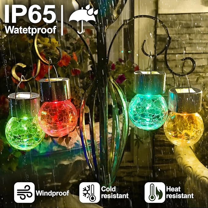 Solar Hanging Lanterns Outdoor: 12 Pack Cracked Glass Ball Lights with Clip - Waterproof Warm White Fairy Globe Lighting Yard Tree Ornaments - Gardening Gifts for Mom Grandma