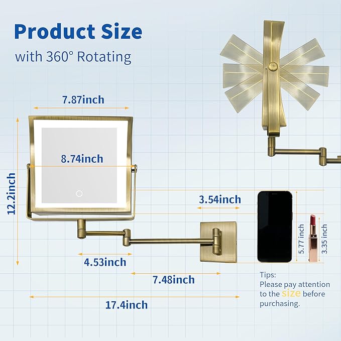 Ruacq Rechargeable Wall Mounted Makeup Mirror with Lights, Double Sided 1X/10X Magnifying Vanity Mirror with 3 Color Lights, Touch Screen Dimmable, 360° Rotation Extension Foldable Arm(Antique Brass)