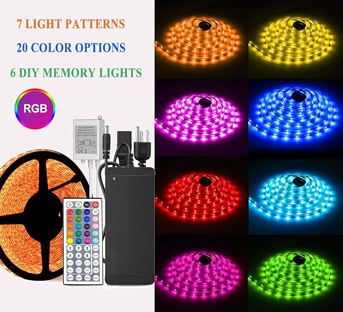 HOMELYLIFE 32.8ft RGB LED Strip Lights Super Bright Waterproof 600 LED SMD 5050 Tape Light Color Changing Full Kit with 44 Keys IR Remote Control+24V Power Supply LED Lighting for Party Kitchen Indoor