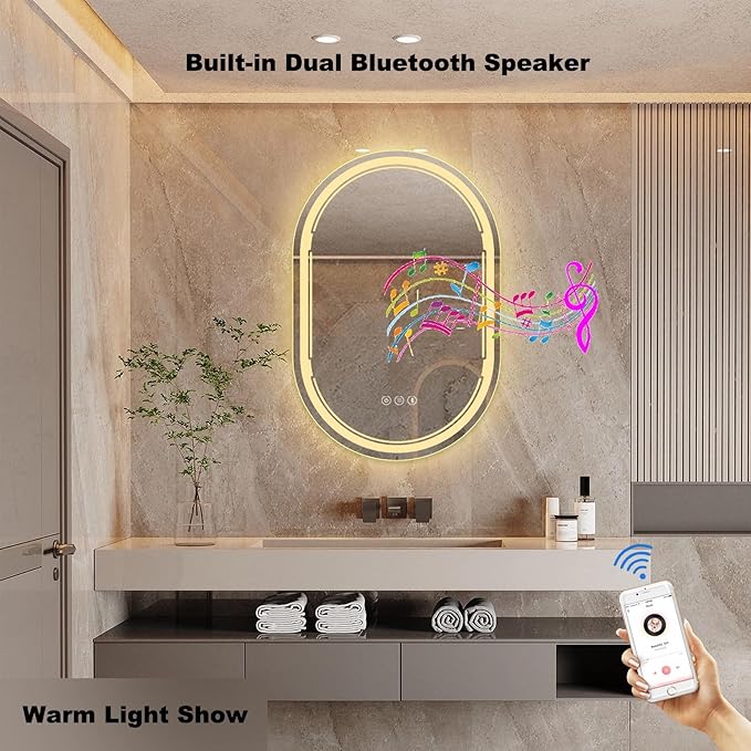 24''X36'' Oval LED Bathroom Mirror with Lights, Built-in Bluetooth Speaker, Anti-Fog Dimmable 3 Lights Setting Backlit + Front Lit, Lighted Vanity Makeup Wall Mirrors, Shatter-Proof IP65 Waterproof