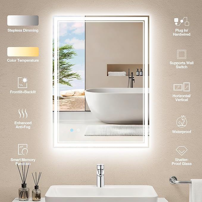 20"x28" LED Bathroom Mirror with Anti-Fog, Dimmable Backlit + Front Lit, 3 Colors LED Bathroom Vanity Mirror for Wall, Memory Function, Shatter-Proof Glass, ETL Listed(NHYJ5722D-NA)
