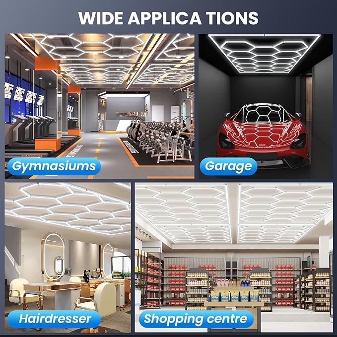 Updated Bigger Size 14 Grid Hexagon Garage LED Lights with Widen 1.33IN Illuminated Surface, 108000LM Led Lights System for Garage, Basement,Warehouse(White Edge) Patent No.US0D1109406S